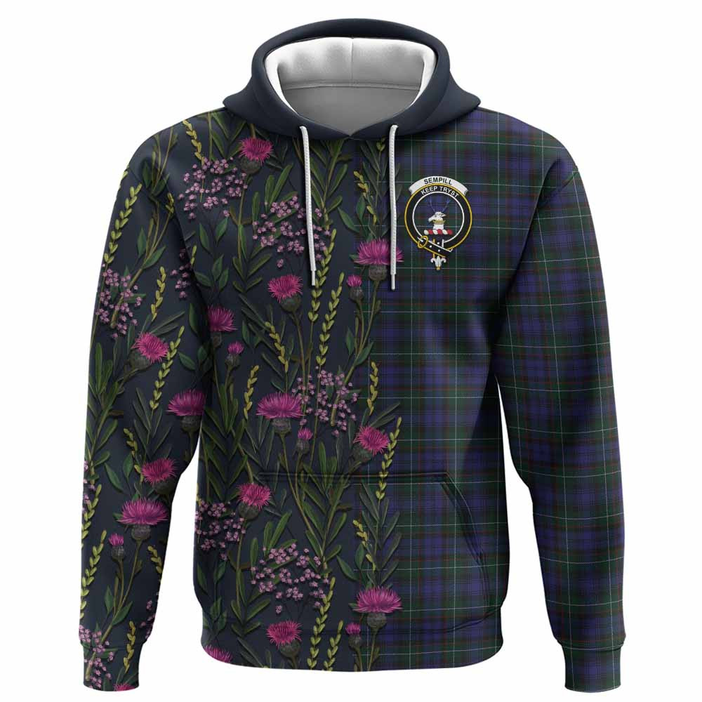 ScotsTee Shop Scottish Sempill (Semple) Family Crest Tartan Hoodie Scottish Thistle Flower Half Style