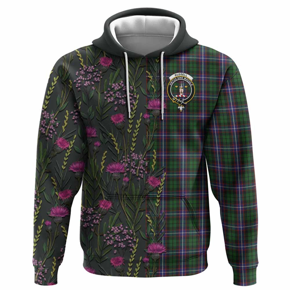 ScotsTee Shop Scottish Russell Family Crest Tartan Hoodie Scottish Thistle Flower Half Style