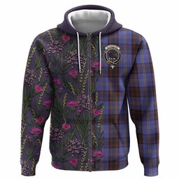 ScotsTee Shop Scottish Rutherford Family Crest Tartan Hoodie Scottish Thistle Flower Half Style