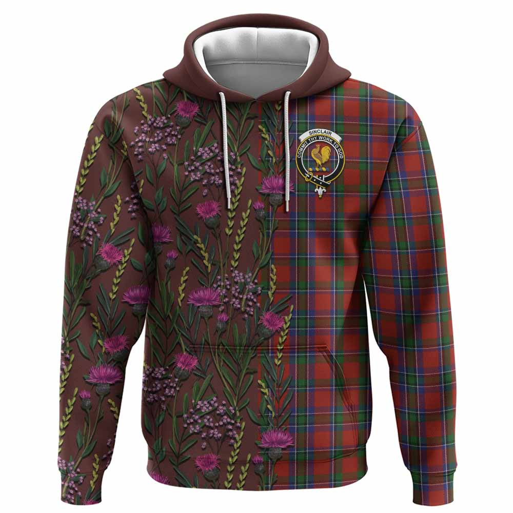 ScotsTee Shop Scottish Sinclair Family Crest Tartan Hoodie Scottish Thistle Flower Half Style