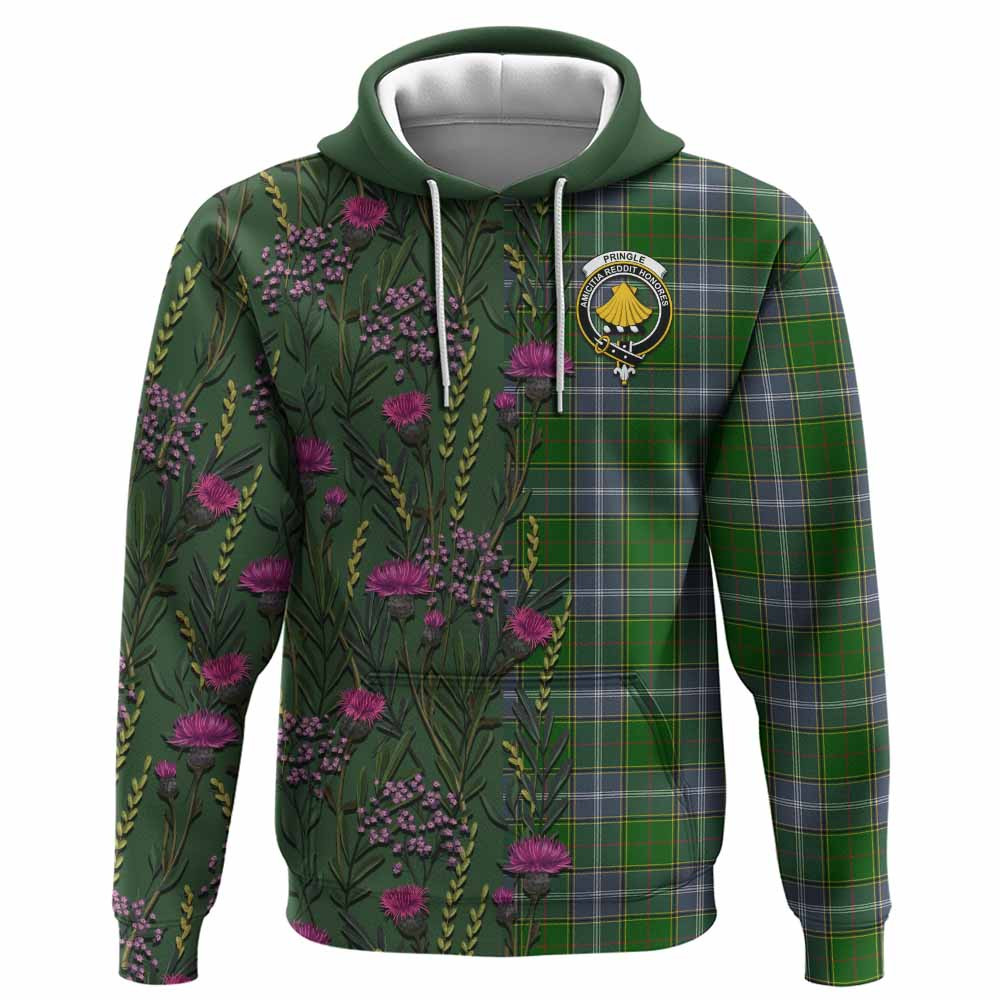 ScotsTee Shop Scottish Pringle Family Crest Tartan Hoodie Scottish Thistle Flower Half Style