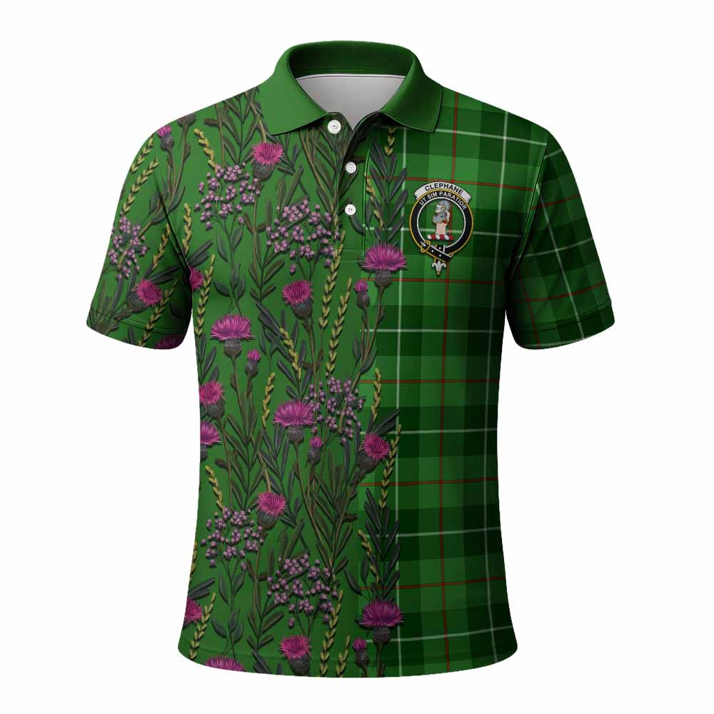 ScotsTee Shop Scottish Clephane (Clephan) Family Crest Tartan Polo Shirt Scottish Thistle Flower Half Style