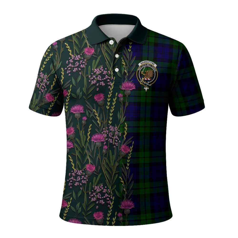 ScotsTee Shop Scottish Bannatyne Family Crest Tartan Polo Shirt Scottish Thistle Flower Half Style