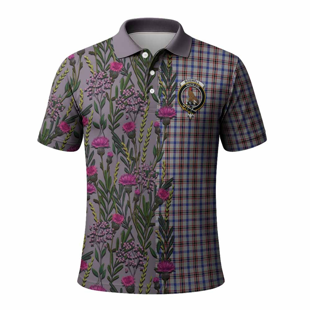 ScotsTee Shop Scottish Boswell Family Crest Tartan Polo Shirt Scottish Thistle Flower Half Style