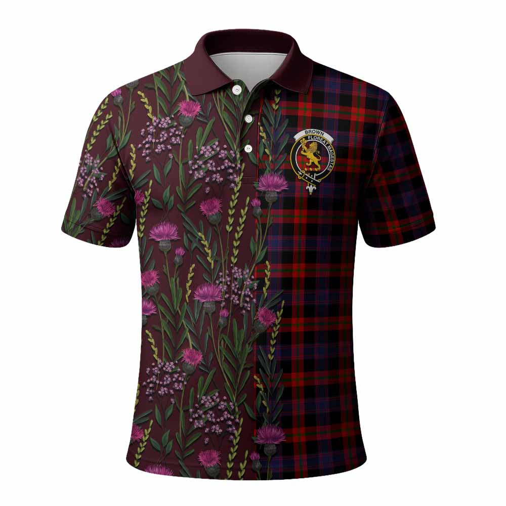 ScotsTee Shop Scottish Brown (Broun) Family Crest Tartan Polo Shirt Scottish Thistle Flower Half Style