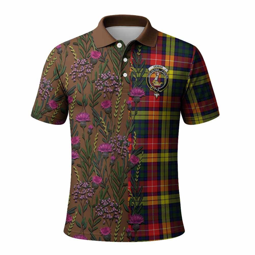 ScotsTee Shop Scottish Dewar Family Crest Tartan Polo Shirt Scottish Thistle Flower Half Style
