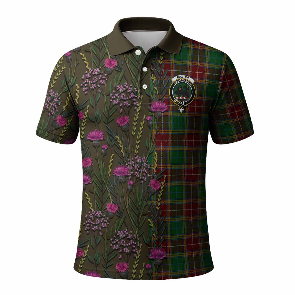ScotsTee Shop Scottish Baxter Family Crest Tartan Polo Shirt Scottish Thistle Flower Half Style