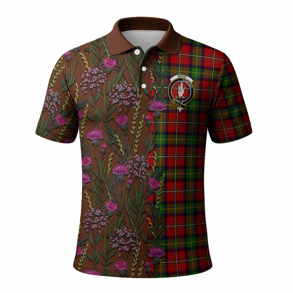 ScotsTee Shop Scottish Boyd Family Crest Tartan Polo Shirt Scottish Thistle Flower Half Style