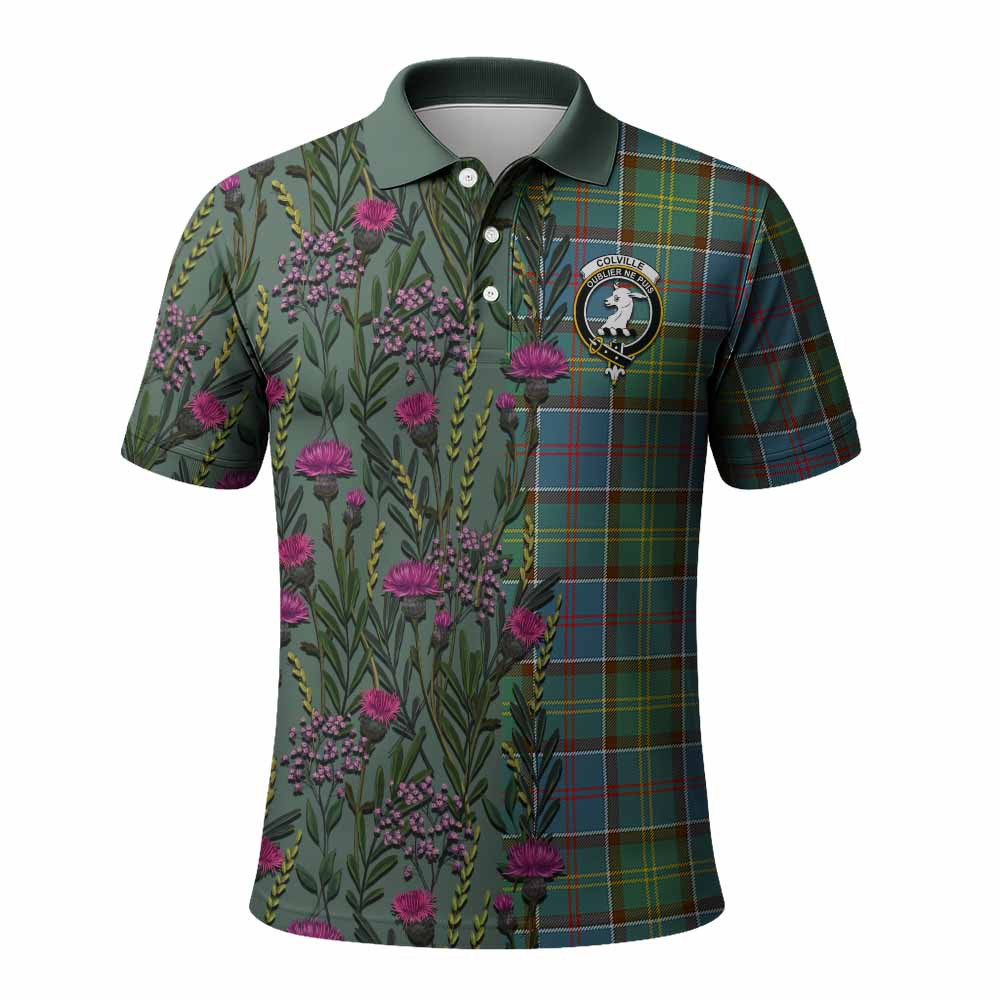 ScotsTee Shop Scottish Colville Family Crest Tartan Polo Shirt Scottish Thistle Flower Half Style