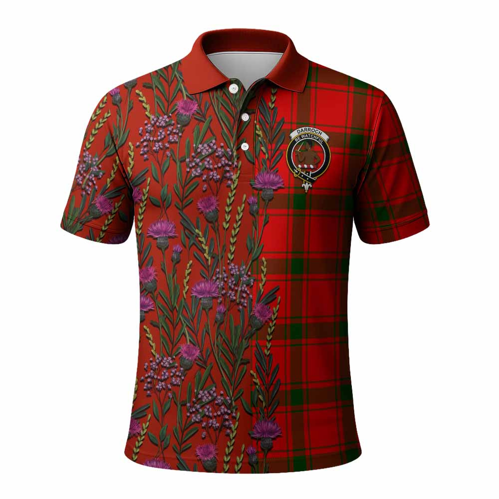 ScotsTee Shop Scottish Darroch Family Crest Tartan Polo Shirt Scottish Thistle Flower Half Style