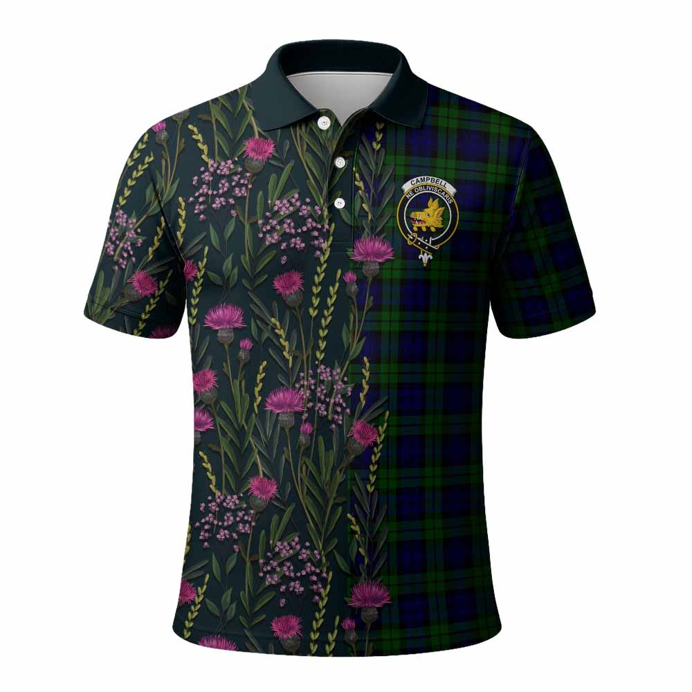 ScotsTee Shop Scottish Campbell Family Crest Tartan Polo Shirt Scottish Thistle Flower Half Style