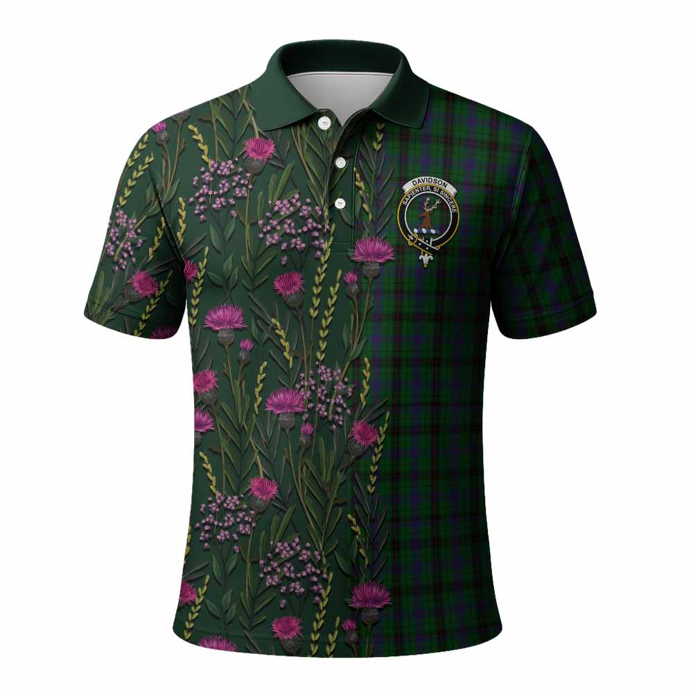 ScotsTee Shop Scottish Davidson Family Crest Tartan Polo Shirt Scottish Thistle Flower Half Style