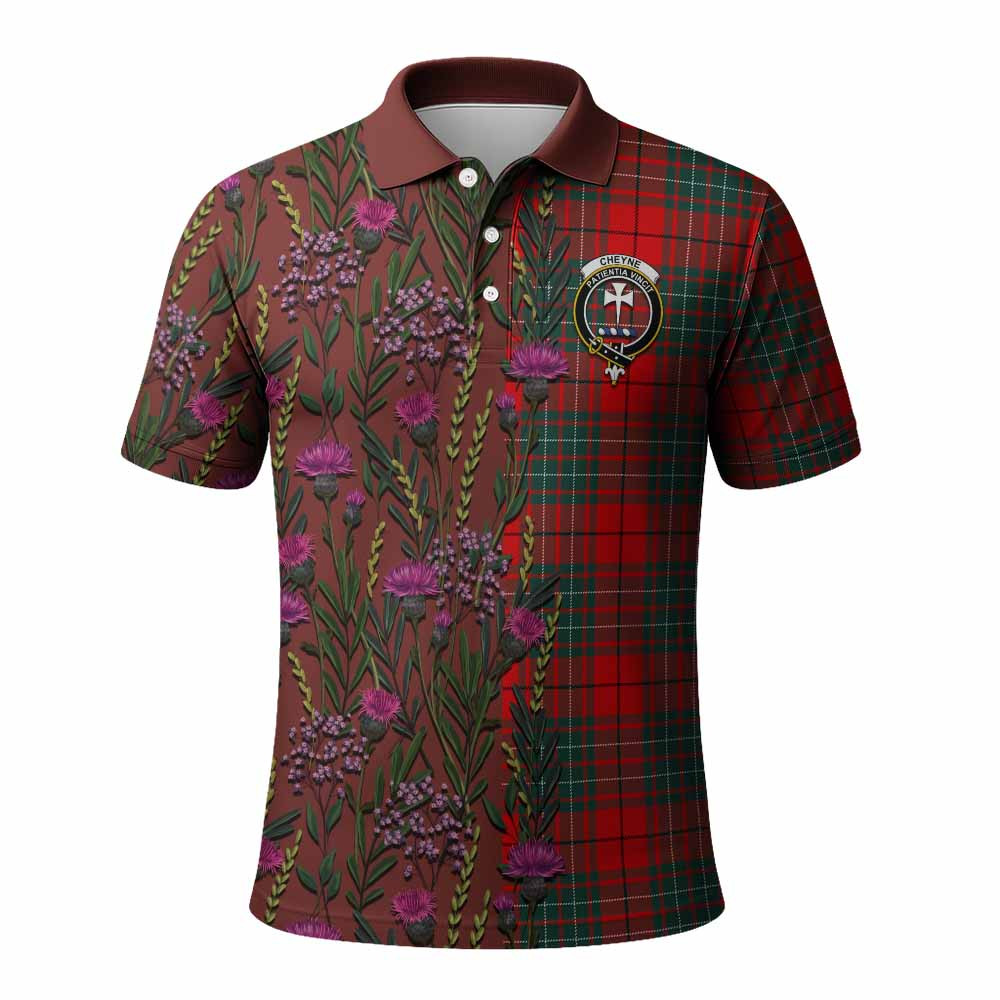 ScotsTee Shop Scottish Cheyne Family Crest Tartan Polo Shirt Scottish Thistle Flower Half Style