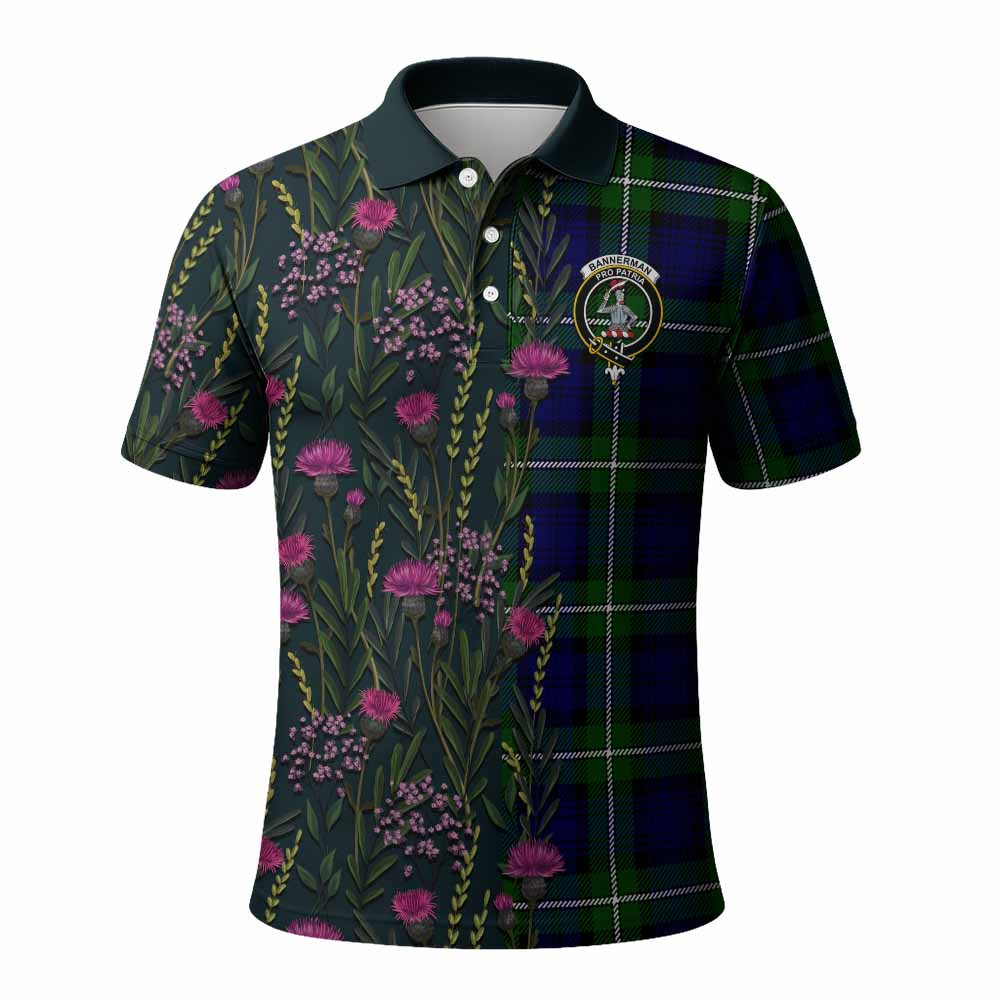 ScotsTee Shop Scottish Bannerman Family Crest Tartan Polo Shirt Scottish Thistle Flower Half Style