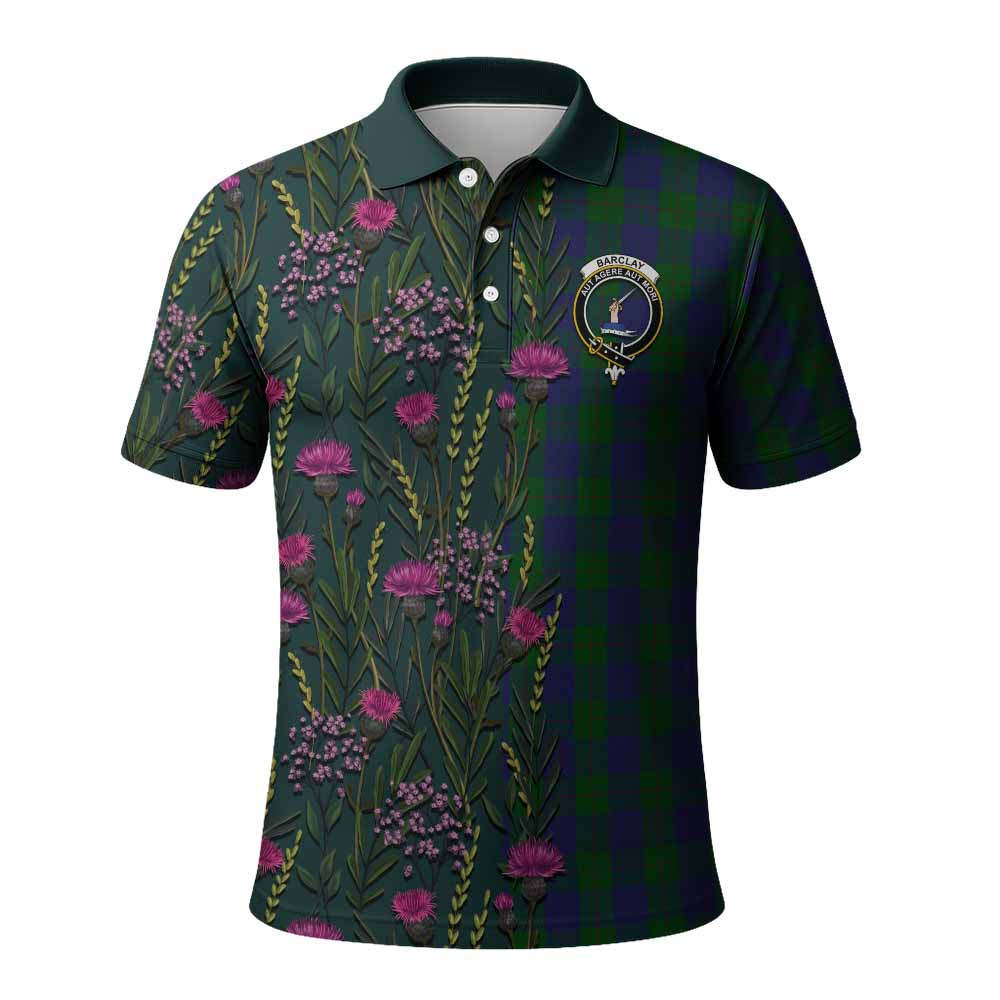 ScotsTee Shop Scottish Barclay Family Crest Tartan Polo Shirt Scottish Thistle Flower Half Style