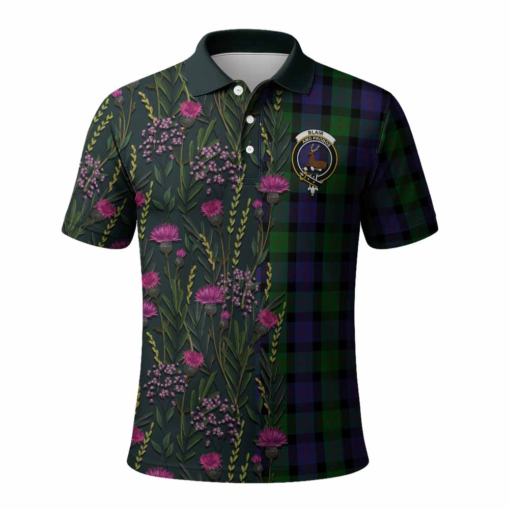 ScotsTee Shop Scottish Blair Family Crest Tartan Polo Shirt Scottish Thistle Flower Half Style