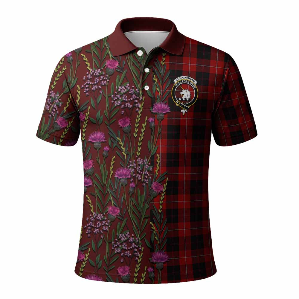 ScotsTee Shop Scottish Cunningham Family Crest Tartan Polo Shirt Scottish Thistle Flower Half Style