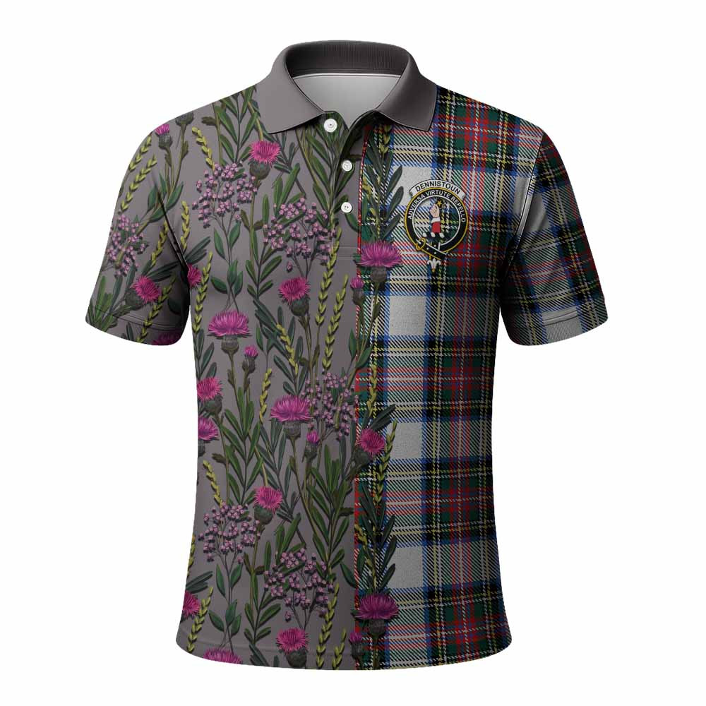 ScotsTee Shop Scottish Dennistoun Family Crest Tartan Polo Shirt Scottish Thistle Flower Half Style