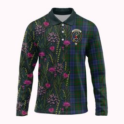 ScotsTee Shop Scottish Colquhoun Family Crest Tartan Polo Shirt Scottish Thistle Flower Half Style