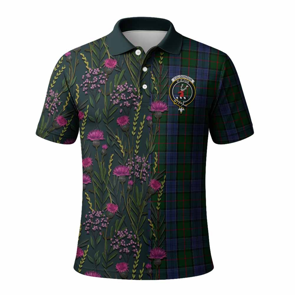 ScotsTee Shop Scottish Colquhoun Family Crest Tartan Polo Shirt Scottish Thistle Flower Half Style
