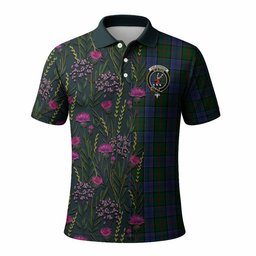 ScotsTee Shop Scottish Colquhoun Family Crest Tartan Polo Shirt Scottish Thistle Flower Half Style
