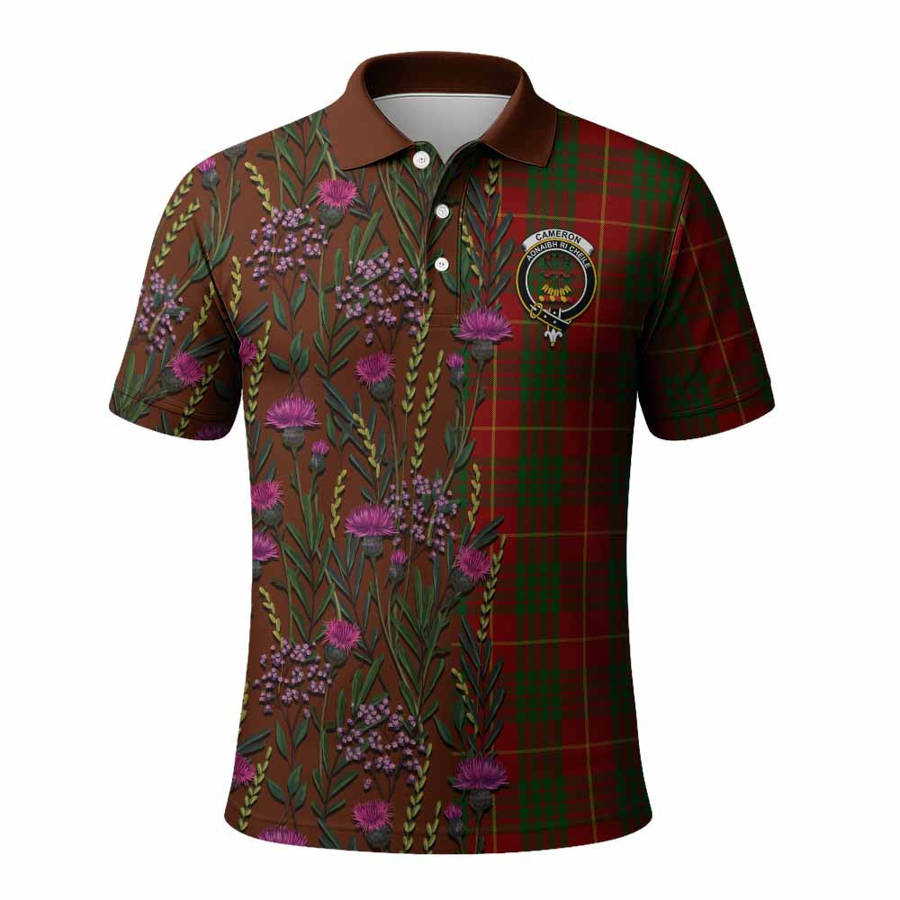 ScotsTee Shop Scottish Cameron Family Crest Tartan Polo Shirt Scottish Thistle Flower Half Style