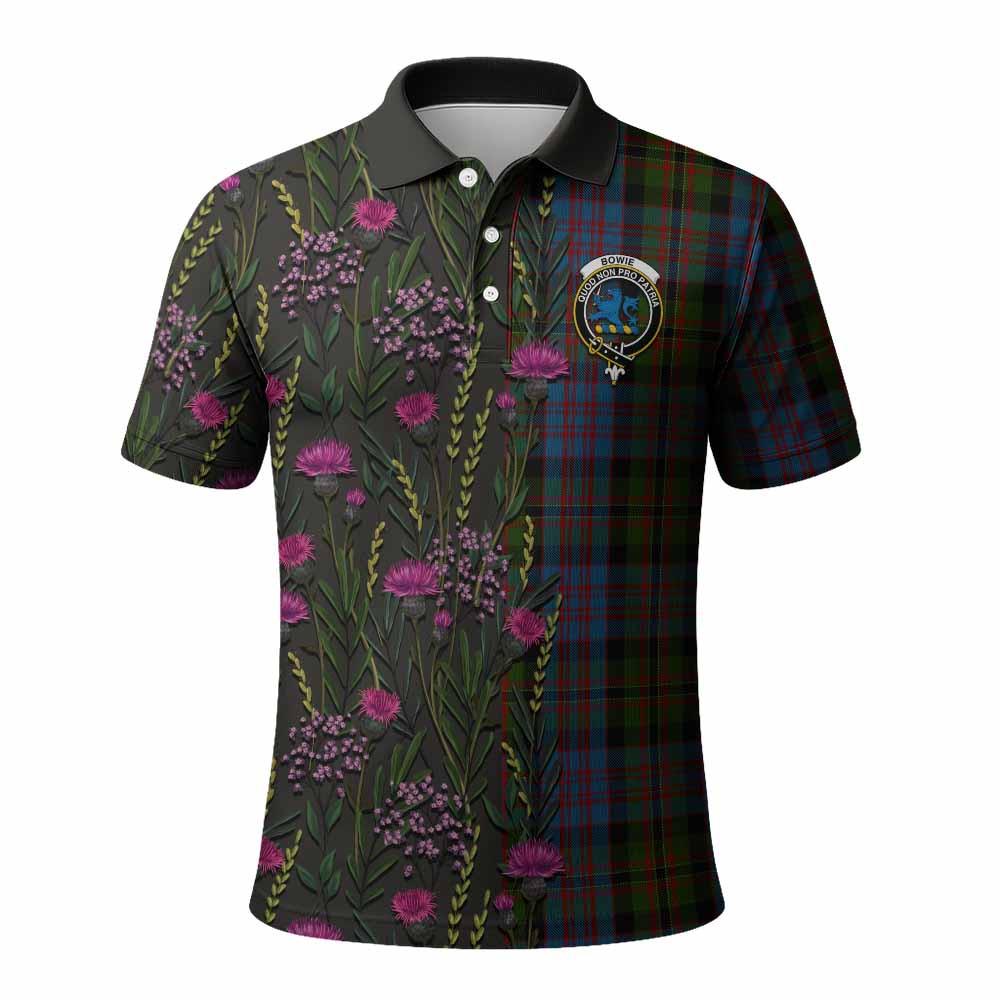 ScotsTee Shop Scottish Bowie Family Crest Tartan Polo Shirt Scottish Thistle Flower Half Style