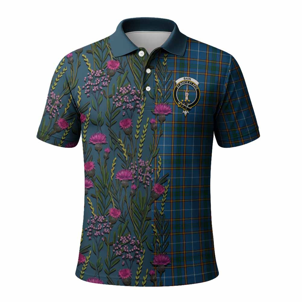 ScotsTee Shop Scottish Bain Family Crest Tartan Polo Shirt Scottish Thistle Flower Half Style