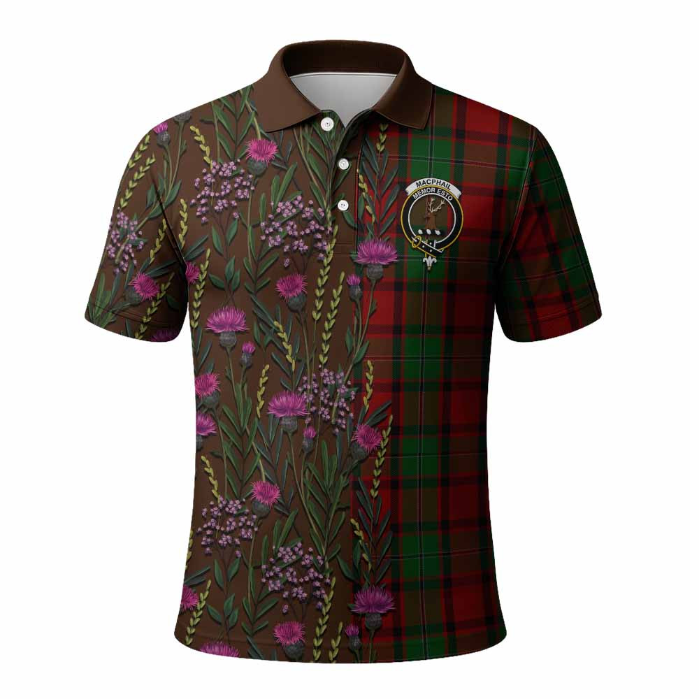 ScotsTee Shop Scottish MacPhail (McPhail) Family Crest Tartan Polo Shirt Scottish Thistle Flower Half Style