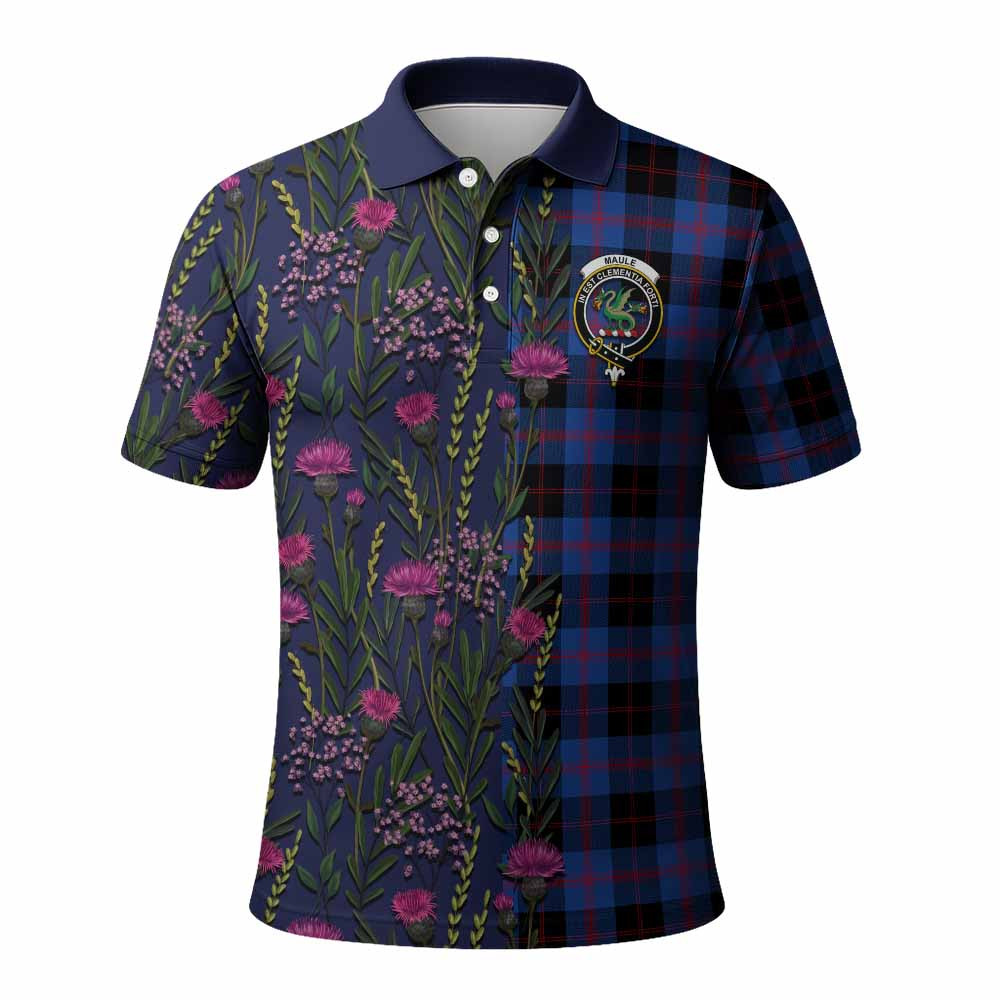 ScotsTee Shop Scottish Maule Family Crest Tartan Polo Shirt Scottish Thistle Flower Half Style