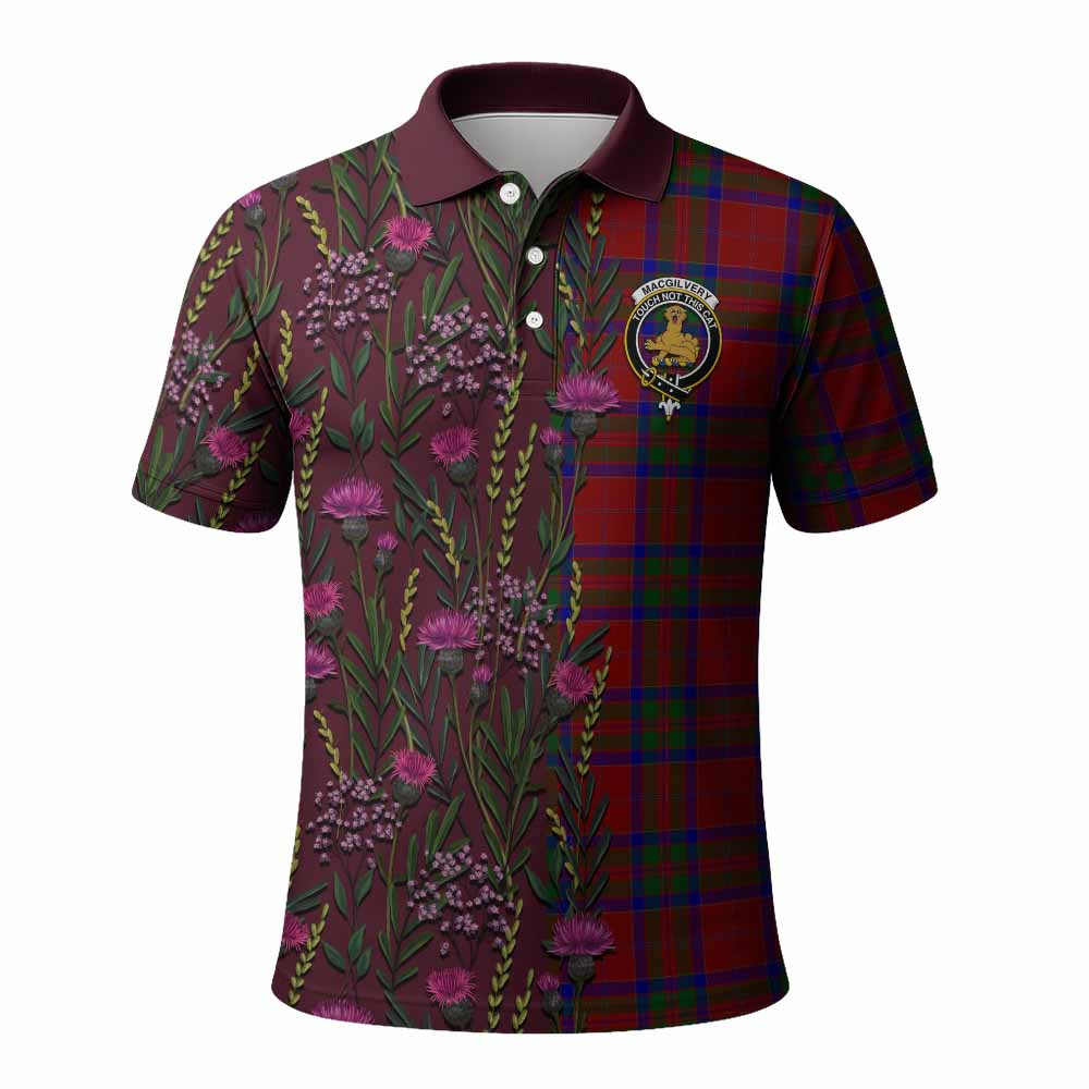 ScotsTee Shop Scottish MacGilvery (McGilvery) Family Crest Tartan Polo Shirt Scottish Thistle Flower Half Style