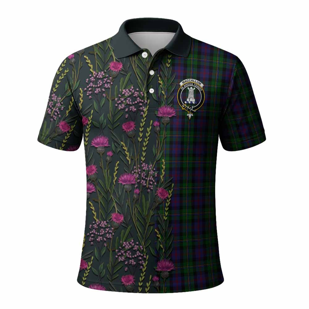 ScotsTee Shop Scottish MacCallum (McCallum) Family Crest Tartan Polo Shirt Scottish Thistle Flower Half Style
