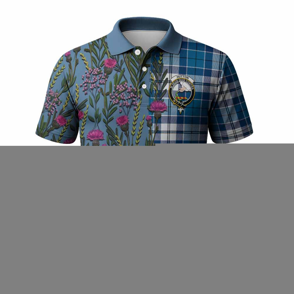 ScotsTee Shop Scottish Hutton Family Crest Tartan Polo Shirt Scottish Thistle Flower Half Style