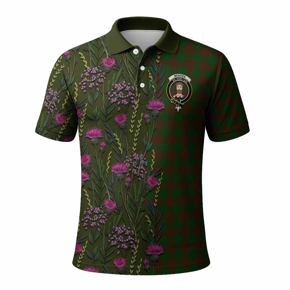 ScotsTee Shop Scottish Menzies Family Crest Tartan Polo Shirt Scottish Thistle Flower Half Style