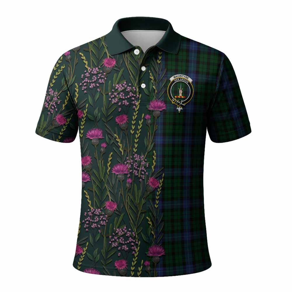 ScotsTee Shop Scottish MacIntyre (McIntyre) Family Crest Tartan Polo Shirt Scottish Thistle Flower Half Style