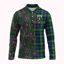 ScotsTee Shop Scottish Meldrum Family Crest Tartan Polo Shirt Scottish Thistle Flower Half Style