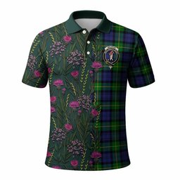 ScotsTee Shop Scottish Meldrum Family Crest Tartan Polo Shirt Scottish Thistle Flower Half Style