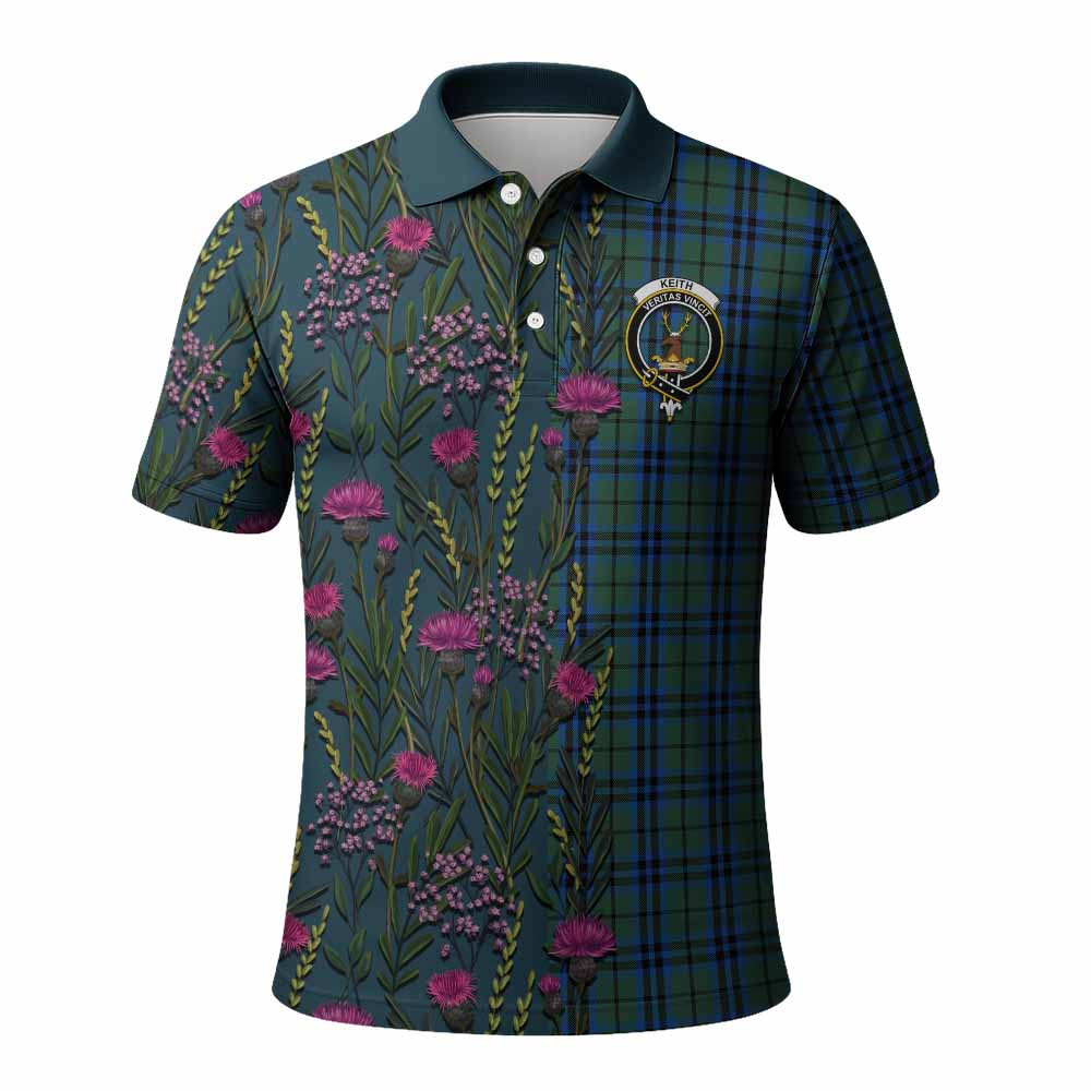 ScotsTee Shop Scottish Keith Family Crest Tartan Polo Shirt Scottish Thistle Flower Half Style