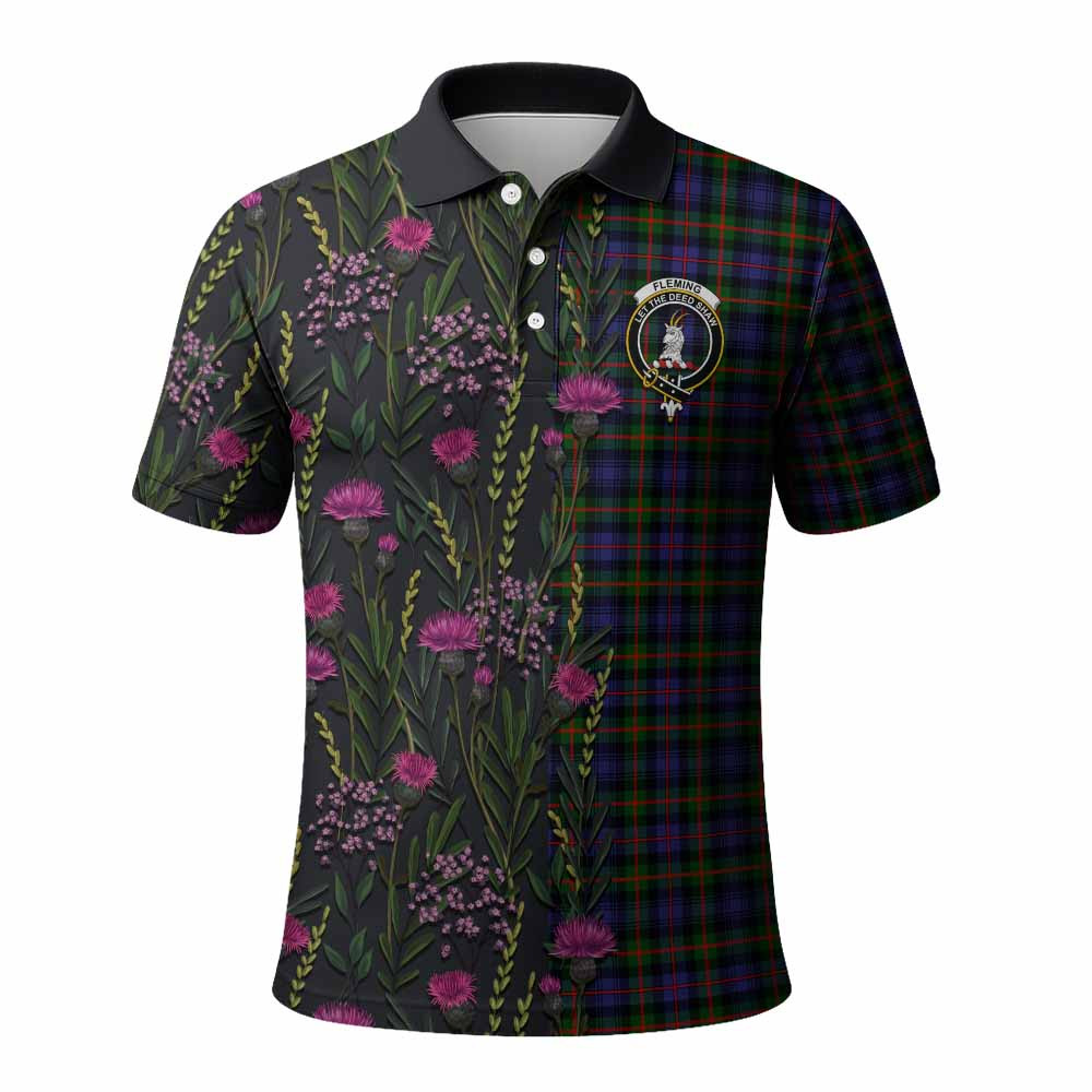 ScotsTee Shop Scottish Fleming Family Crest Tartan Polo Shirt Scottish Thistle Flower Half Style