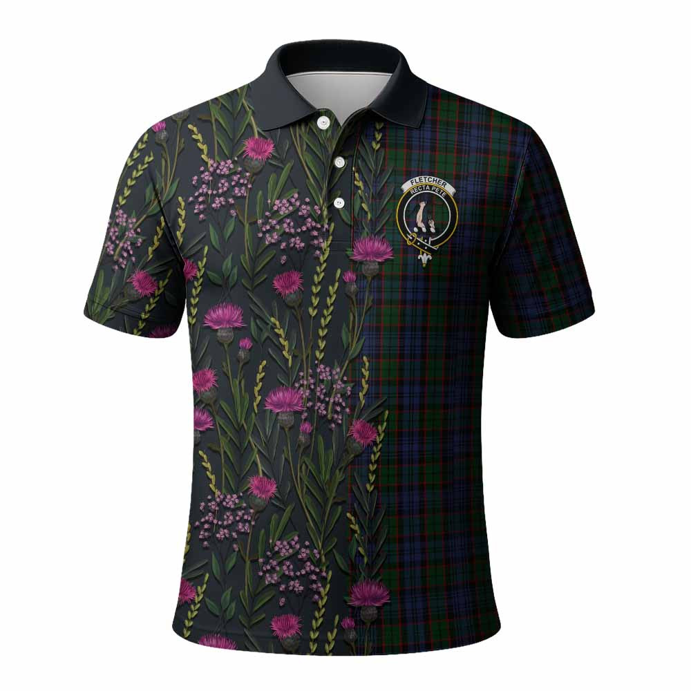 ScotsTee Shop Scottish Fletcher Family Crest Tartan Polo Shirt Scottish Thistle Flower Half Style
