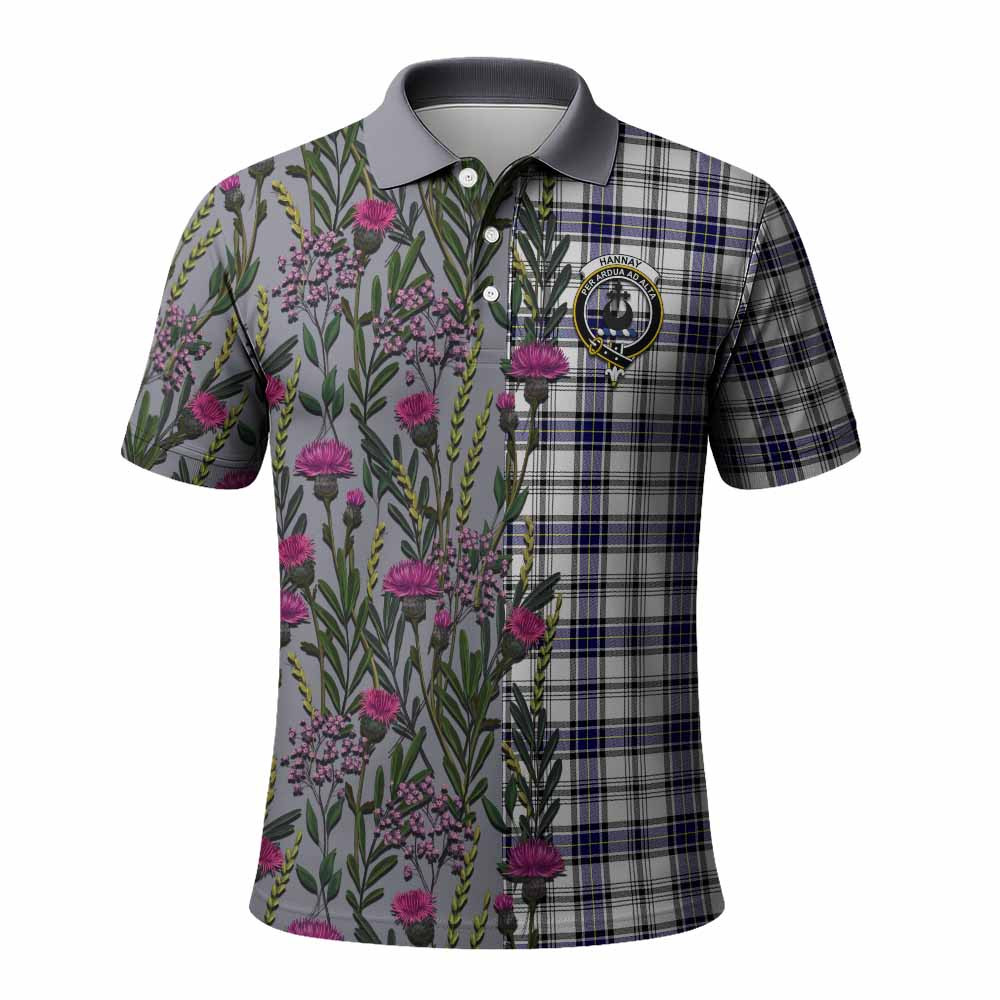 ScotsTee Shop Scottish Hannay Family Crest Tartan Polo Shirt Scottish Thistle Flower Half Style