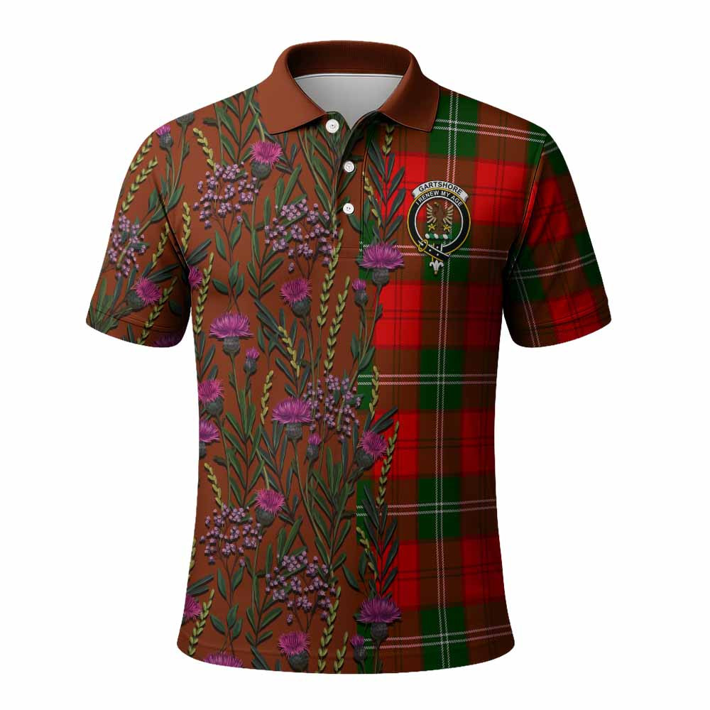 ScotsTee Shop Scottish Gartshore Family Crest Tartan Polo Shirt Scottish Thistle Flower Half Style