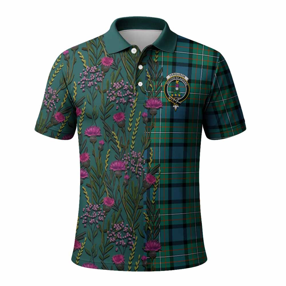 ScotsTee Shop Scottish Ferguson (Fergusson) Family Crest Tartan Polo Shirt Scottish Thistle Flower Half Style