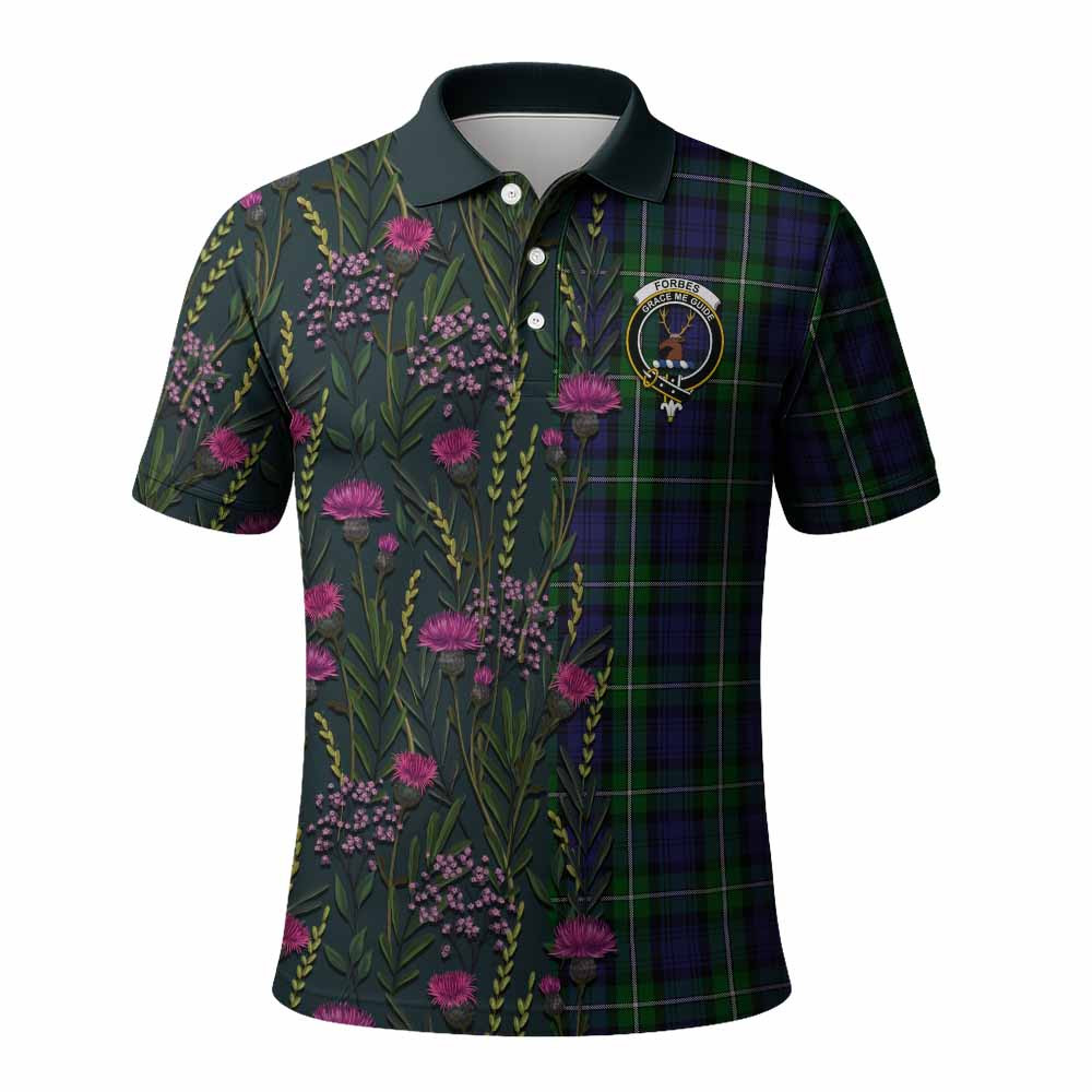 ScotsTee Shop Scottish Forbes Family Crest Tartan Polo Shirt Scottish Thistle Flower Half Style