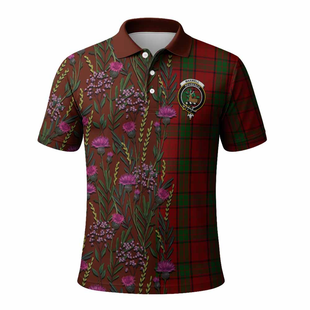 ScotsTee Shop Scottish Maxwell Family Crest Tartan Polo Shirt Scottish Thistle Flower Half Style