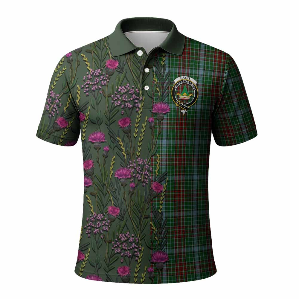 ScotsTee Shop Scottish Gayre Family Crest Tartan Polo Shirt Scottish Thistle Flower Half Style