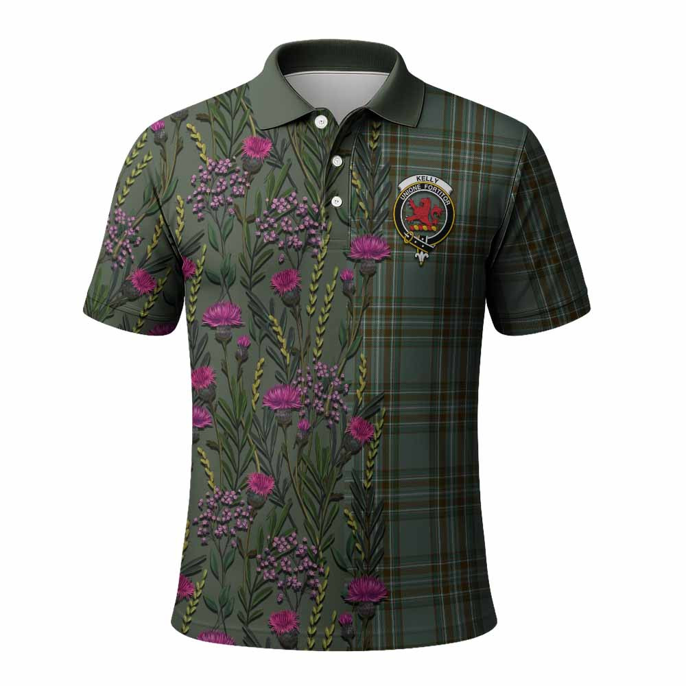 ScotsTee Shop Scottish Kelly Family Crest Tartan Polo Shirt Scottish Thistle Flower Half Style
