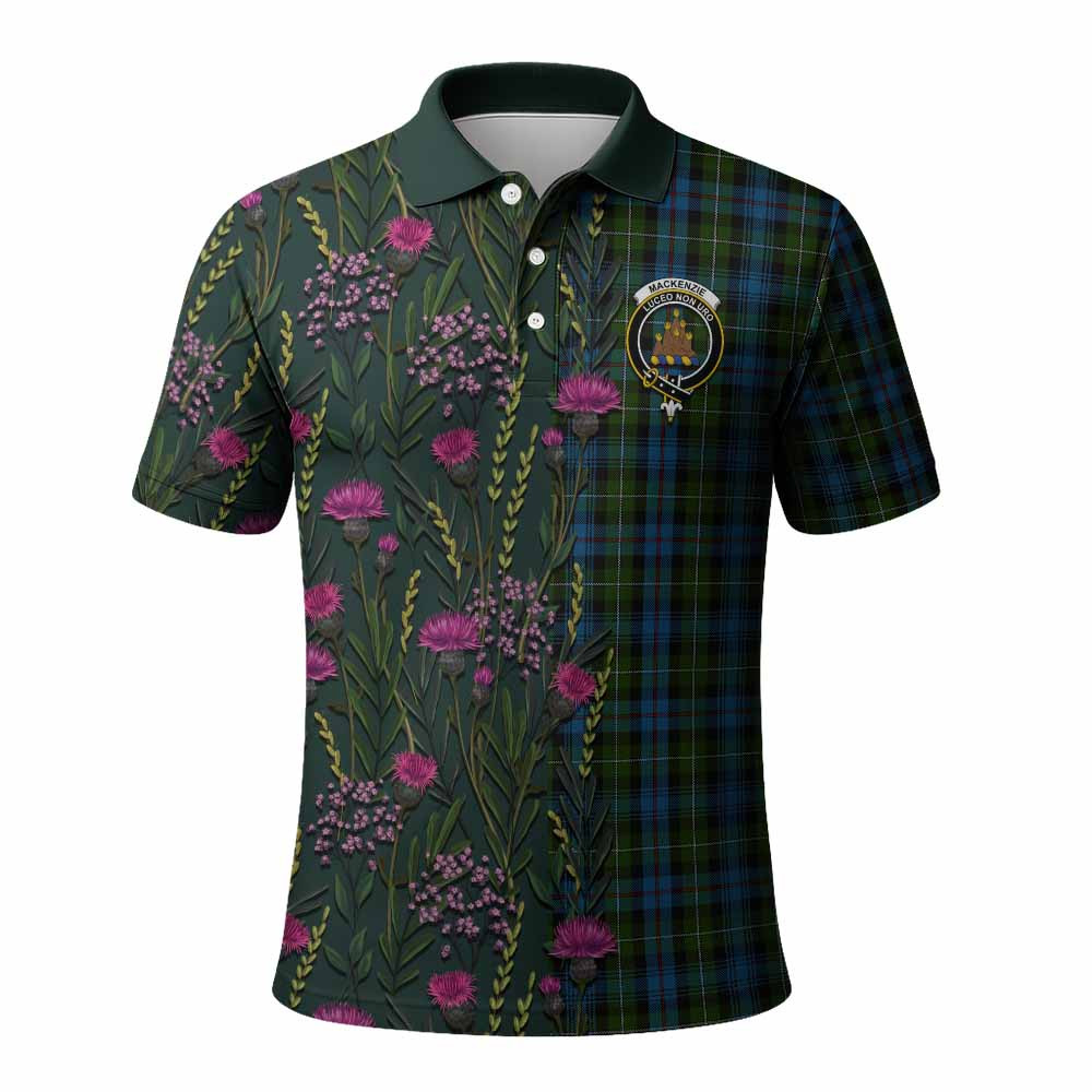 ScotsTee Shop Scottish Mackenzie (Mckenzie) Family Crest Tartan Polo Shirt Scottish Thistle Flower Half Style