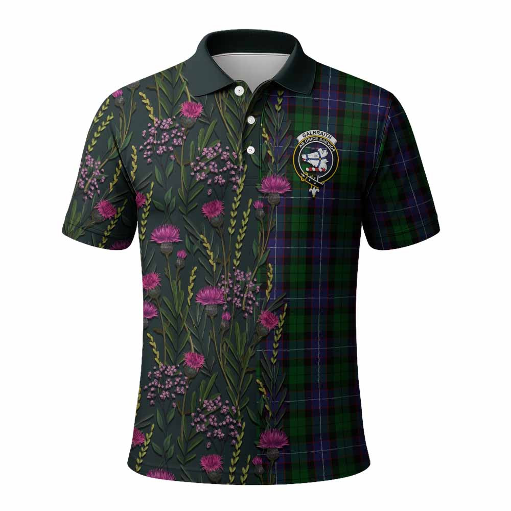ScotsTee Shop Scottish Galbraith Family Crest Tartan Polo Shirt Scottish Thistle Flower Half Style