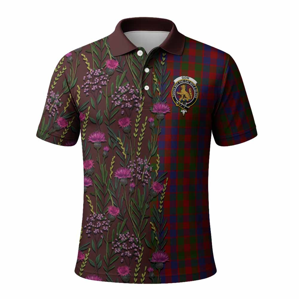 ScotsTee Shop Scottish Gow Family Crest Tartan Polo Shirt Scottish Thistle Flower Half Style